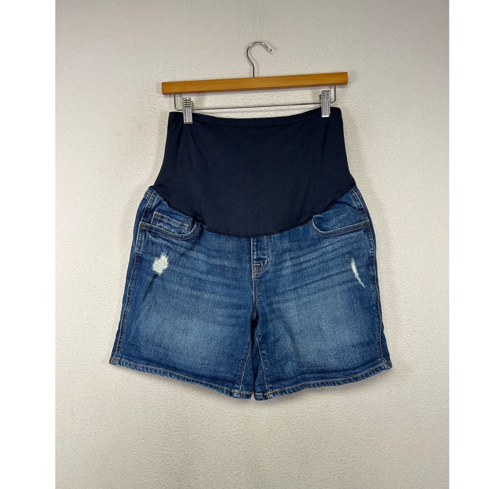 Maternity Old Navy Women 12 Blue Full Panel Distressed Denim Jean Shorts